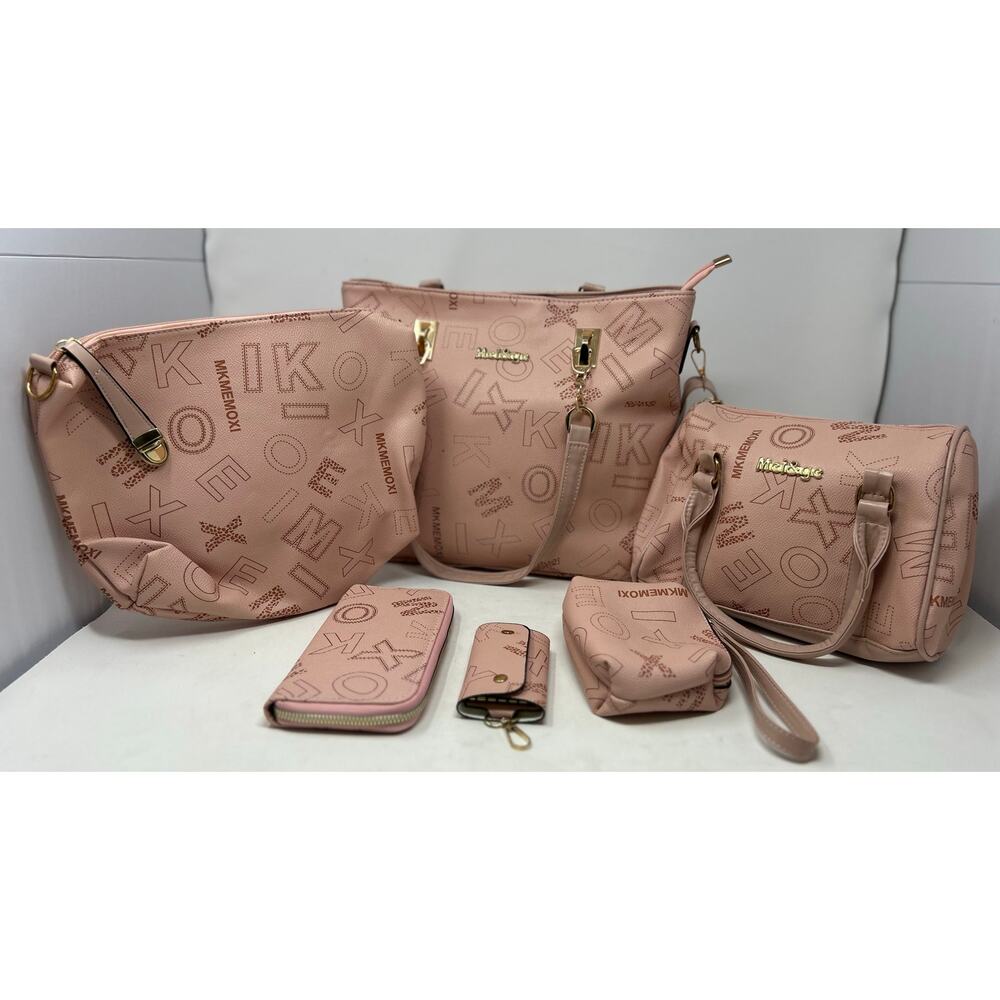 MKMEMOXI Mei & Ge Women's Fashion Retro Letter Print Pink Purse 6 Piece Set